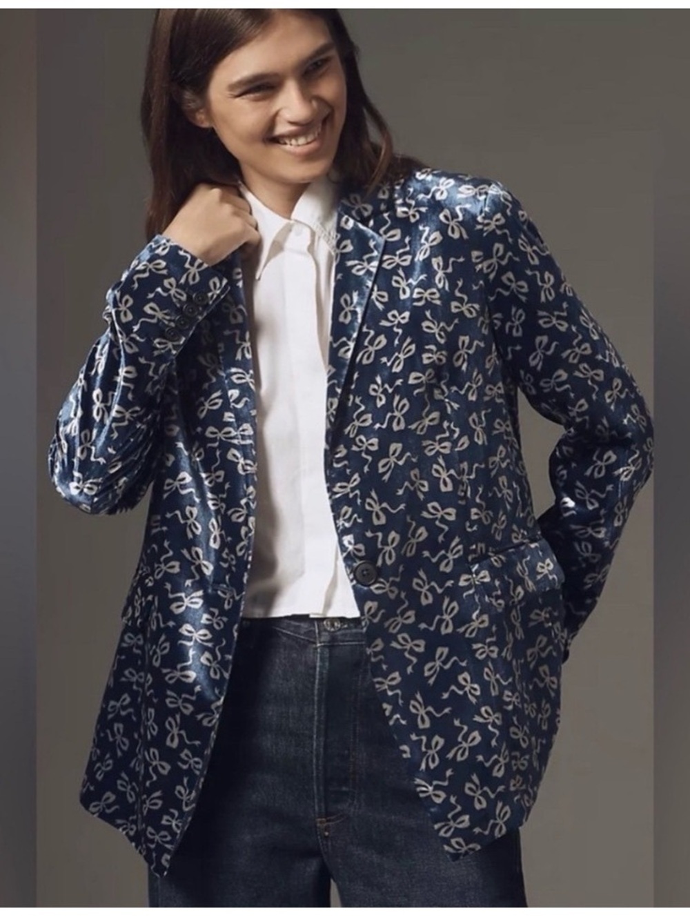 NWT MAEVE Tessie Velvet Blue Blazer with bows Large